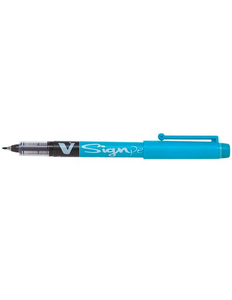 Stylo-feutre pilot v sign pen écriture moyenne 0.6mm pointe fibre polyester encre intense liquide coloris turquoise.