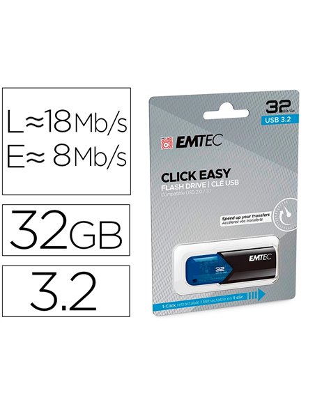 Cle usb emtec 3.2 b110 click easy 32go coloris bleu.