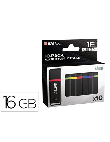 Cle usb emtec k100 16gb usb 2.0 vitesse lecture 15mb/s ecriture 5mb/s 5 coloris assortis pack 10 unites.