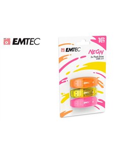 Cle usb emtec 2.0 c410 trio 16gb pack 3 coloris neon orange jaune rose.