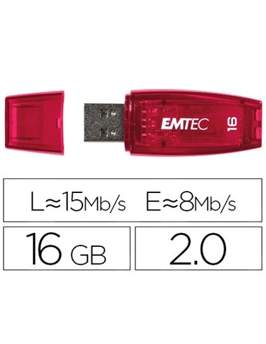 Clé usb emtec 2.0 c410 16go vitesse lecture 15mb/s écriture 5mb/s avec capuchon coloris transparent rouge.
