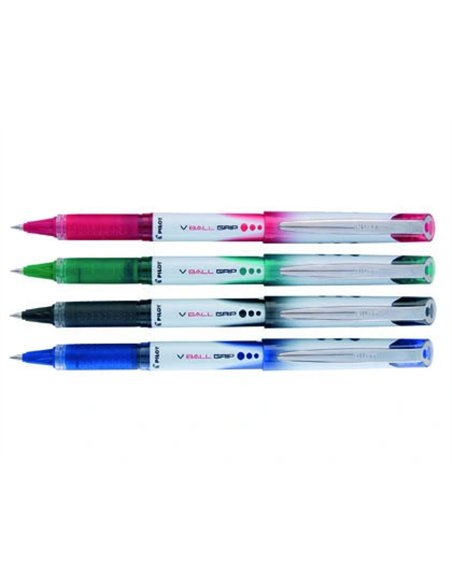 Roller pilot vball grip écriture moyenne 0.7mm pointe acier inoxydable niveau encre liquide visible grip caoutchouc bleu.
