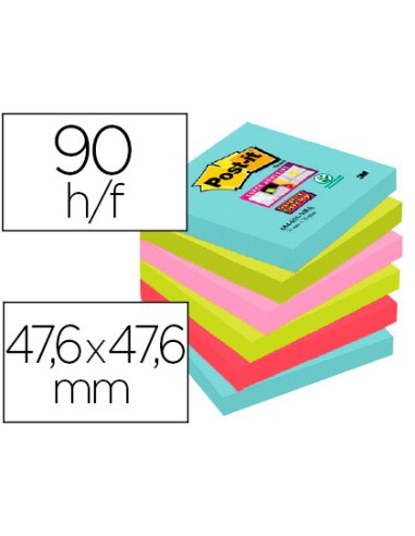 Bloc-notes post-it super sticky couleur carnival 47,6x47,6mm90 feuilles dhésif re         nforcé bleu vert rose 12 blocs