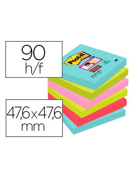 Bloc-notes post-it super sticky couleur carnival 47,6x47,6mm90 feuilles dhésif re         nforcé bleu vert rose 12 blocs