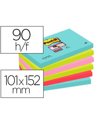 Bloc-notes post-it super sticky couleur carnival 101x152mm  90 feuilles adhesif renforce  bleu vert rose 3 blocs