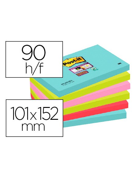 Bloc-notes post-it super sticky couleur carnival 101x152mm  90 feuilles adhesif renforce  bleu vert rose 3 blocs