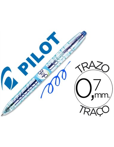 Roller pilot b2p gel écriture moyenne 0.7mm corps plastique recyclé translucide rechargeable coloris bleu.