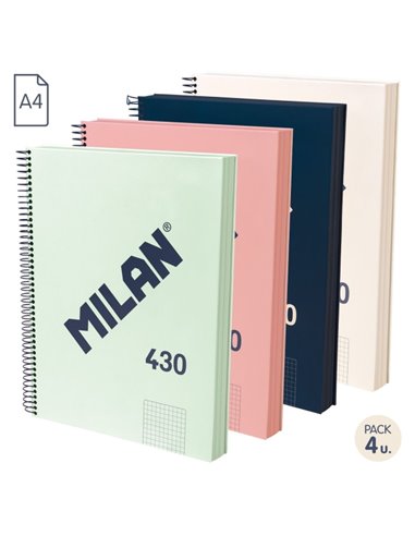 Lot de 4 cahiers à spirales Milan Série 1918, format A4, quadrillage 5 x 5 mm, 120 feuilles de 95 g/m², microperforées, 4 trous,