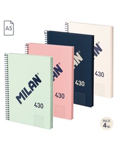 Lot de 4 cahiers à spirales Milan Série 1918, format A5, quadrillage 5 x 5 mm, 80 feuilles de 95 g/m², microperforées, 2 trous, 