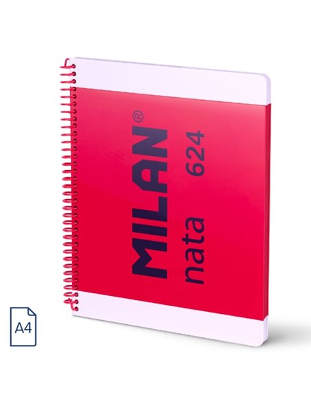 Cahier à spirale Milan Nata 624, format A4, ligné 7 mm, 80 feuilles de 95 g/m², microperforé, 4 trous, rose