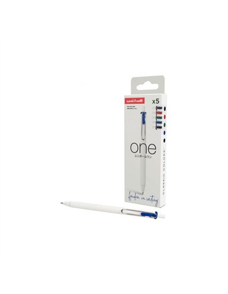 Roller uniball one encre gel ecriture moyenne 0,7mm couleurs classiques assorties pochette 5 unites.