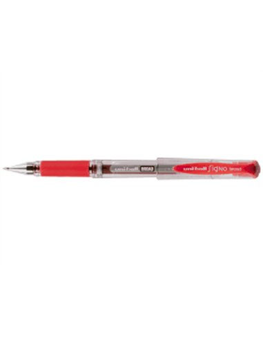 Stylo uniball signo broad encre gel pigmentée écriture large 0.8mm pointe 1mm grip caoutchouc rechargeable rouge.