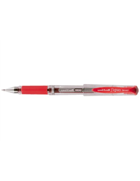 Stylo uniball signo broad encre gel pigmentée écriture large 0.8mm pointe 1mm grip caoutchouc rechargeable rouge.
