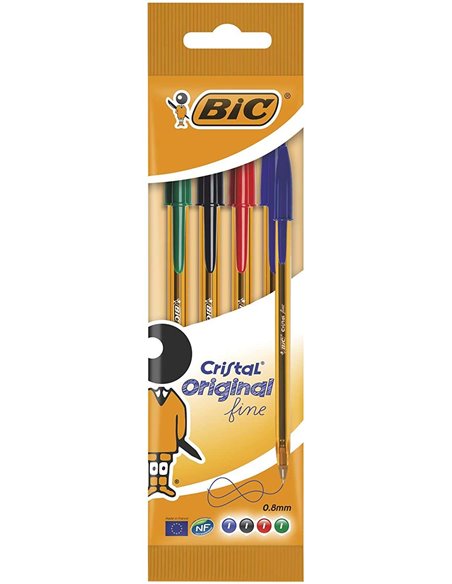 Lot de 4 stylos à bille Bic Cristal Original Fine - Pointe ronde 0,8 mm - Trait 0,30 mm - Encre à l'huile - Translucide - Couleu