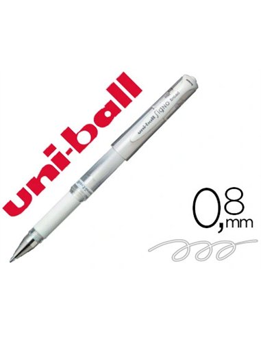 Stylo-bille uniball signo broad écriture large 0.8mm pointe 1mm grip caoutchouc encre gel résistante eau lumière blanc.
