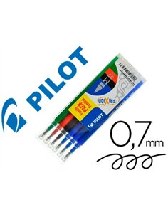 Recharge roller pilot frixion ball clicker encre gel pointe moyenne 0,7mm set 6 unités 3 bleus 1 noir 1 rouge 1 vert.