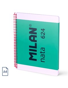 Cahier à spirale Milan Nata 624, format A4, ligné 7 mm, 80 feuilles de 95 g/m², microperforé, 4 trous, vert