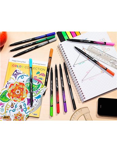 Stylo feutre bic intensity pointe fine corps noir verni couleurs rose clair lot 12 unites.