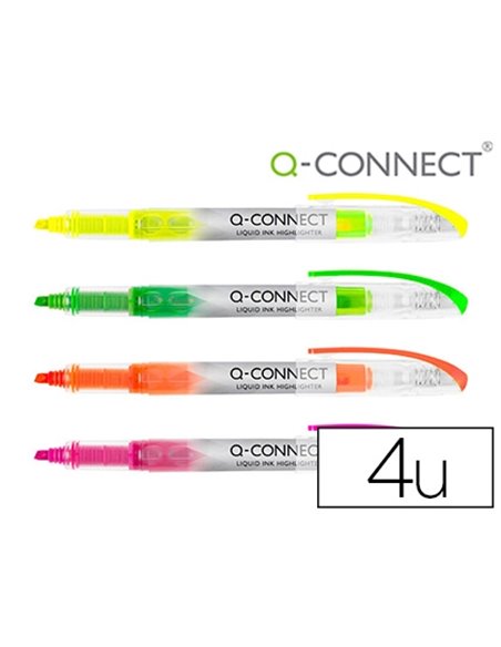 Surligneur q-connect slim liquid ink non rechargeable pointe biseautée couleurs assorties pochette 4u.