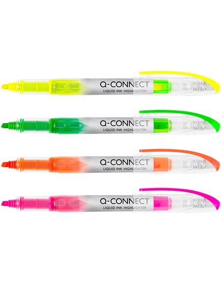 Surligneur q-connect slim liquid ink non rechargeable pointe biseautée couleurs assorties pochette 4u.