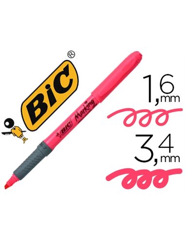Surligneur bic grip caoutchouc pointe biseautée coloris rose.