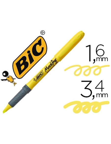 Surligneur bic grip caoutchouc pointe biseautée coloris jaune.