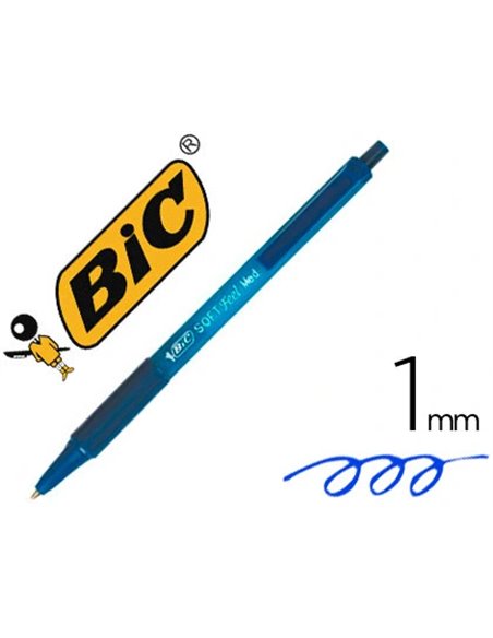 Stylo-bille bic soft feel pointe moyenne 1mm rétractable clip grip corps caoutchouc couleur bleu.