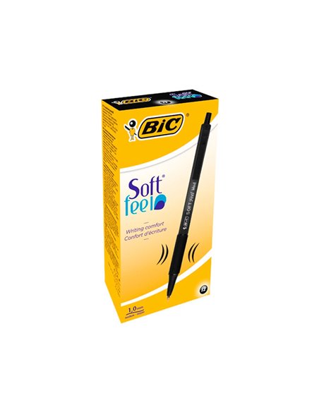 Stylo-bille bic soft feel pointe moyenne 1mm rétractable clip grip corps caoutchouc couleur noir.