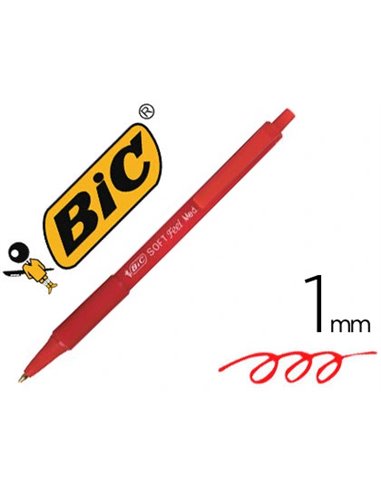 Stylo-bille bic soft feel pointe moyenne 1mm rétractable clip grip corps caoutchouc couleur rouge.
