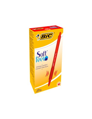 Stylo-bille bic soft feel pointe moyenne 1mm rétractable clip grip corps caoutchouc couleur rouge.