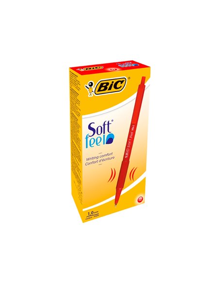 Stylo-bille bic soft feel pointe moyenne 1mm rétractable clip grip corps caoutchouc couleur rouge.