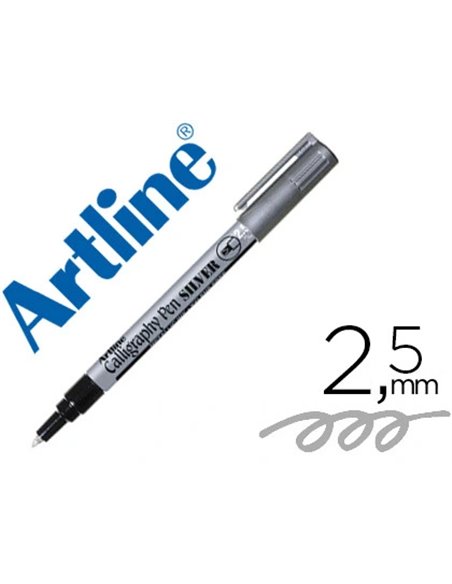 Marqueur artline permanent pointe large biseautée 2.5mm tous supports corps métal encre pigmentée résiste eau argent.