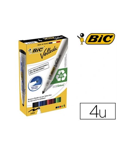 Marqueur bic velleda 1701 effaçable pointe ogive tracé 1.5mm encre base alcool inodore corps plastique boîte 4 unités.