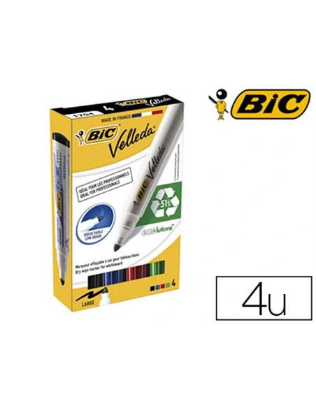 Marqueur bic velleda 1701 effaçable pointe ogive tracé 1.5mm encre base alcool inodore corps plastique boîte 4 unités.