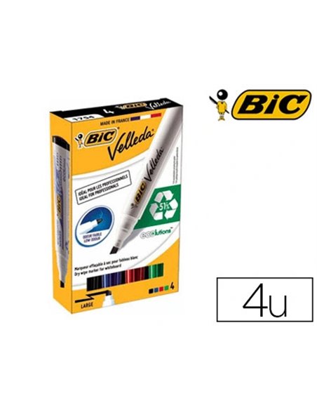 Marqueur bic velleda 1751 effaçable pointe biseautée tracé 2/5mm encre base alcool inodore corps plastique boîte 4u.