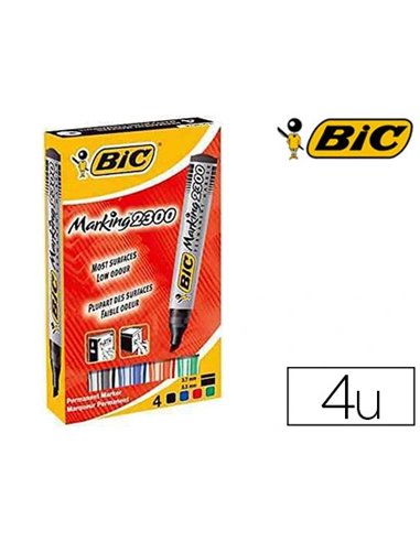 Marqueur bic permanent marking 2300 pointe biseautée tracé 3/5mm corps plastique encre base alcool boîte 4 unités.