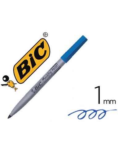 Marqueur bic permanent marking 1445 tracé 1mm encre base alcool inodore corps plastique multiusage coloris bleu.