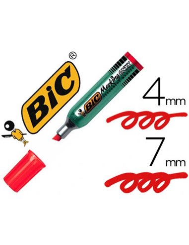 Marqueur bic permanent onyx marker 1481 pointe biseautée tracé 4/7mm tous supports corps métal rouge.