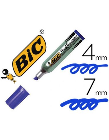 Marqueur bic permanent onyx marker 1481 pointe biseautée tracé 4/7mm tous supports corps métal bleu.