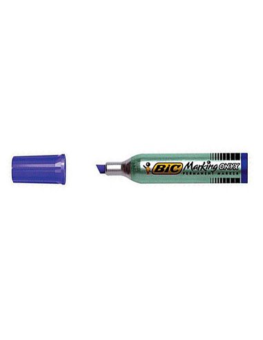 Marqueur bic permanent onyx marker 1481 pointe biseautée tracé 4/7mm tous supports corps métal bleu.