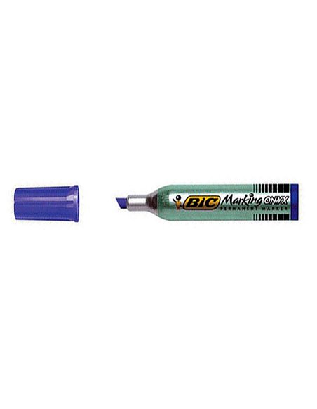 Marqueur bic permanent onyx marker 1481 pointe biseautée tracé 4/7mm tous supports corps métal bleu.