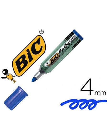 Marqueur bic permanent onyx marker 1482 pointe ogive tracé 4mm tous supports corps métal bleu.