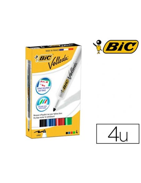 Marqueur bic velleda 1711 effaçable pointe ogive tracé 2mm corps plastique encre cétone boîte 4 unités.