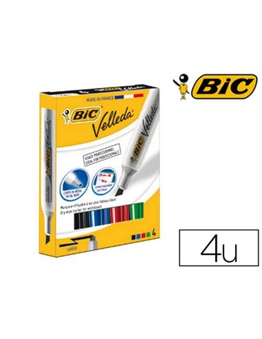 Marqueur bic velleda 1781 effaçable pointe biseautée 2mm écriture 3/5mm encre cétone corps métal coloris assortis 4u.