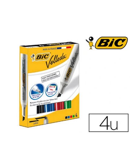 Marqueur bic velleda 1781 effaçable pointe biseautée 2mm écriture 3/5mm encre cétone corps métal coloris assortis 4u.