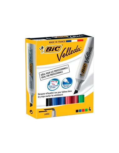 Marqueur bic velleda 1781 effaçable pointe biseautée 2mm écriture 3/5mm encre cétone corps métal coloris assortis 4u.