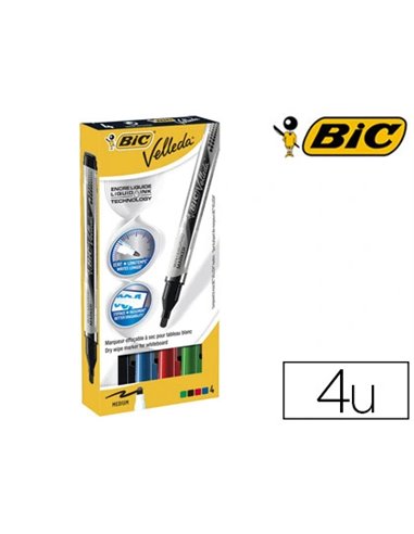 Marqueur bic velleda pocket effaçable pointe ogive tracé 3mm encre liquide format poche coloris standards boîte 4u.