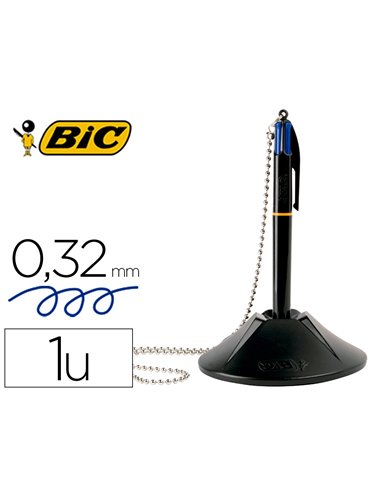 Stylo-bille bic sur socle base lestée chaîne sécurisée rétractable rechargeable 4 cartouches couleur bleu.