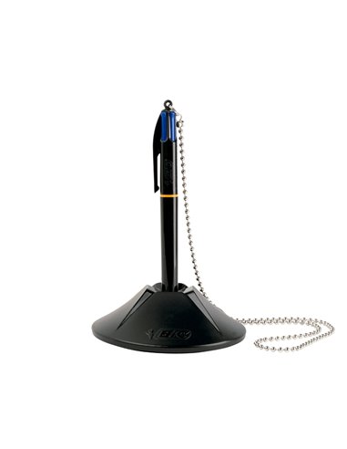 Stylo-bille bic sur socle base lestée chaîne sécurisée rétractable rechargeable 4 cartouches couleur bleu.