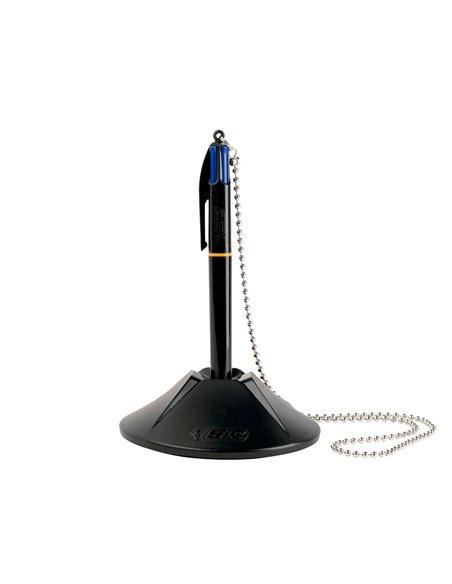 Stylo-bille bic sur socle base lestée chaîne sécurisée rétractable rechargeable 4 cartouches couleur bleu.